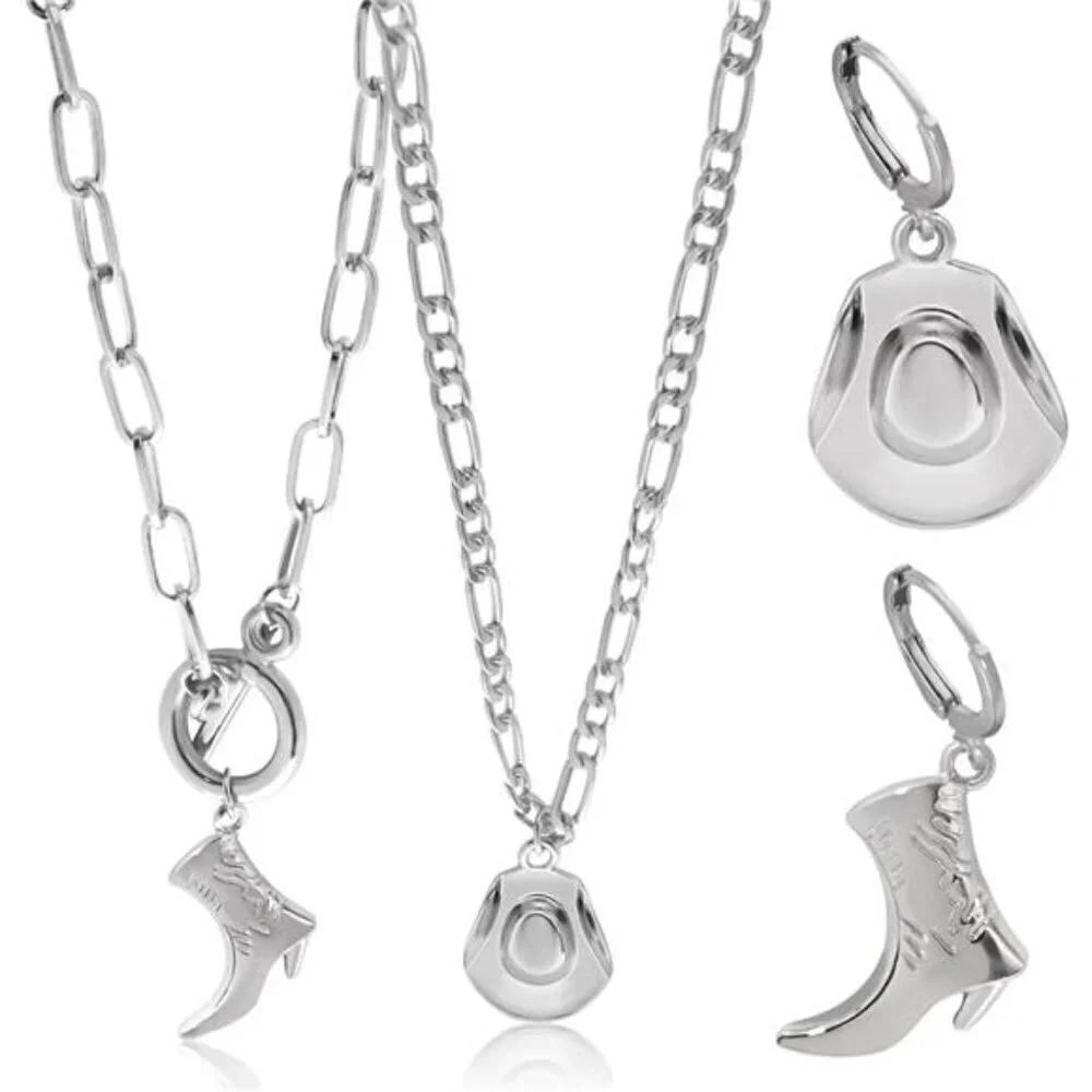 Cowgirl Chic Western Necklace Earrings Jewelry Set For Women Chunky silver